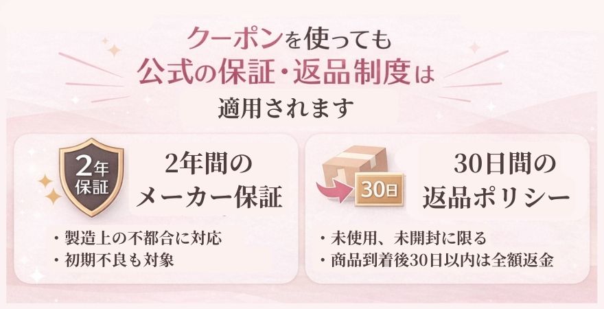 クーポンを使っても保証・返品制度はそのまま