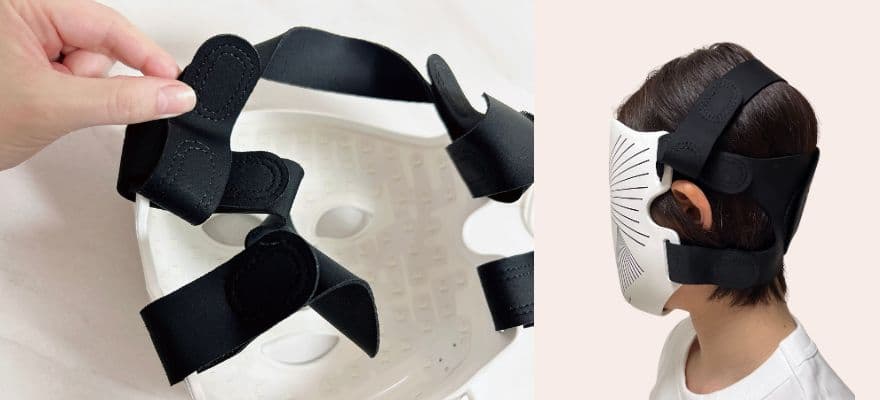 カレントボディLEDマスクの使い方。まずはマスクにストラップを取り付けて、自分の顔にフィットするように調整しましょう。