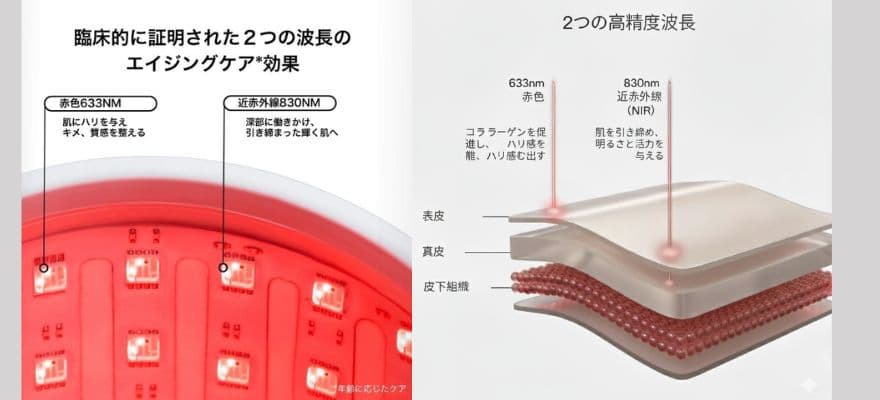 カレントボディLEDマスクには、赤色LED(633nm)と近赤外線(830nm)の2種類のLED光が搭載されている