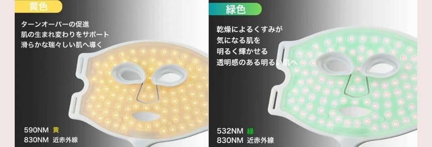 カレントボディ4イン1マスクはくすみケアができる黄色・緑色LEDを搭載している点が特徴です。