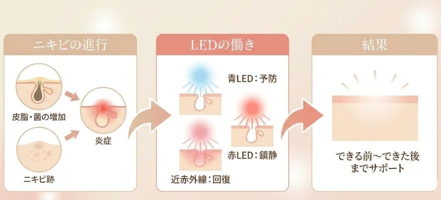 ニキビの段階に合わせてカレントボディのLED光が働く