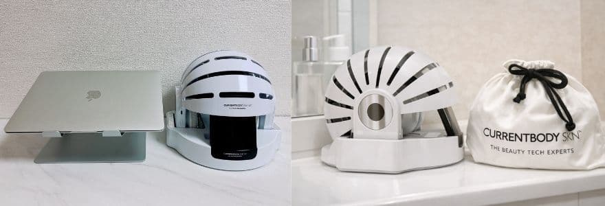 カレントボディ頭皮・頭髪ケアデバイスのMacBook Airとのサイズ比較とスキンケアスペースでの収納イメージ