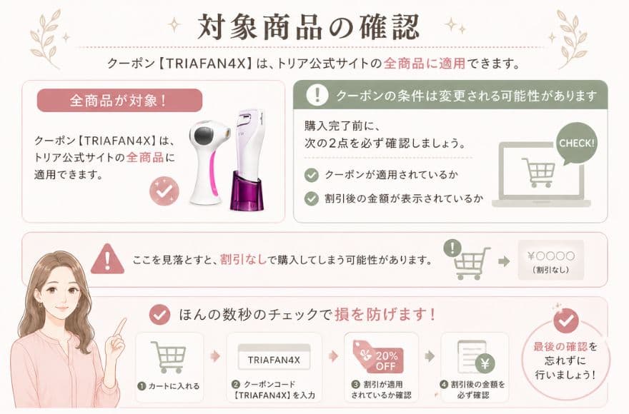 トリアに適用できるクーポンの利用時チェック、対象商品の確認