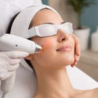 美容クリニックでフラクショナルレーザーを受けいている図