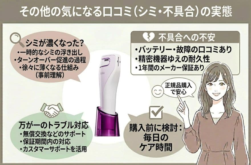 トリア美顔器のその他気になる口コミ「シミ悪化・不具合への不満」