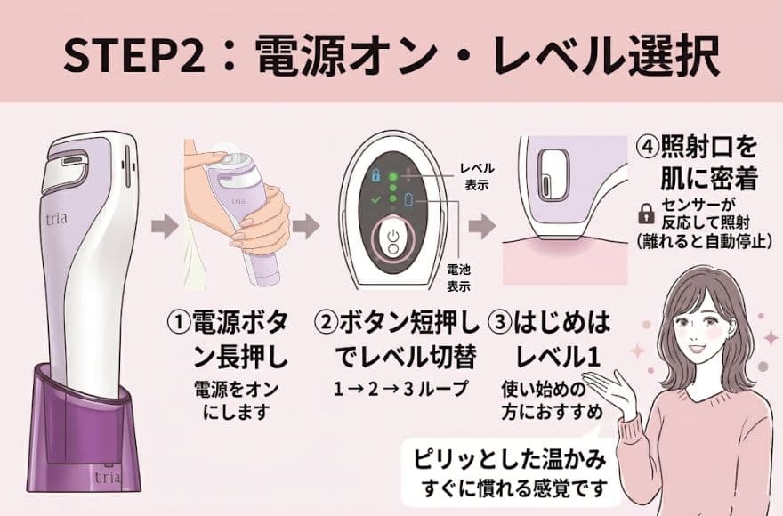 トリアレーザー美顔器の使い方STEP2:電源オン・レベル選択