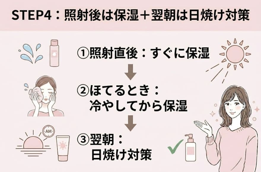 トリアレーザー美顔器の使い方STEP4:照射後は保湿+翌朝は日焼け対策