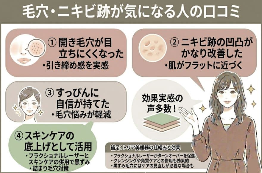 トリア美顔器の良い口コミ「毛穴・ニキビ跡が気になる人の口コミ」