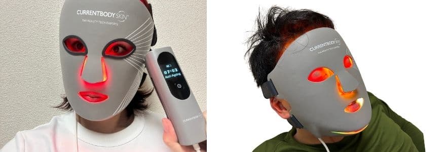 左：筆者、右：夫が使用中。わが家ではカレントボディLEDマルチライトマスクを夫婦でシェアして使っています。