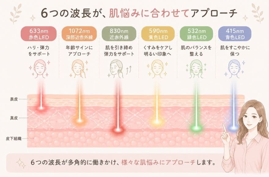 カレントボディLEDマルチライトマスクは、赤色・近赤外深部近赤外線に加えて、青・緑・黄のLEDも搭載しています。