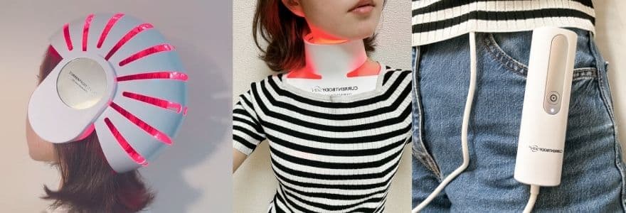 カレントボディ頭皮ケアデバイスとネック＆デコルテマスク装着の図
