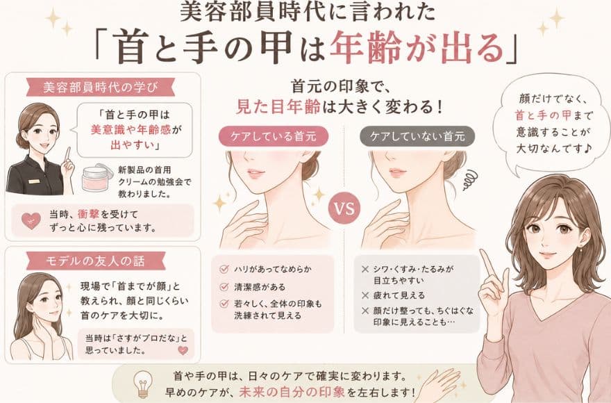美容部員時代に言われた「首と手の甲は年齢が出る」