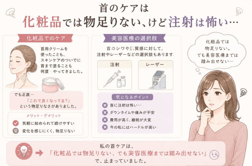 首のケアは化粧品では物足りない、けど注射は怖い…