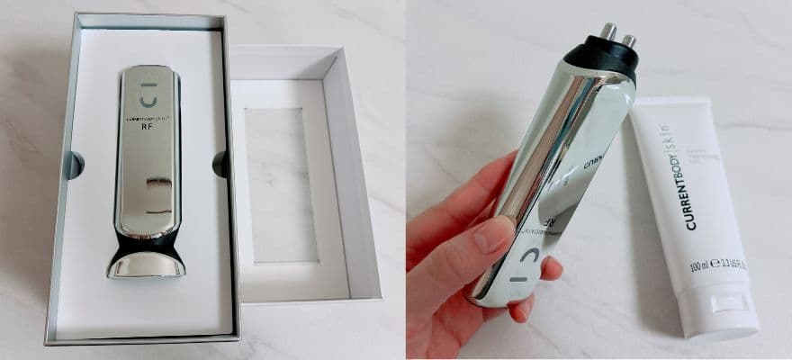 カレントボディRF美顔器の本体と専用ジェルを並べた実機写真