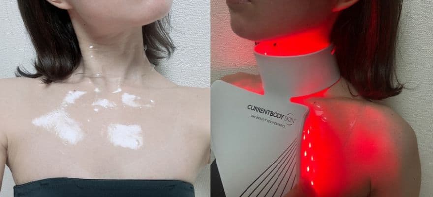 カレントボディハイドロゲル ネック&デコルテマスクをLEDマスクと併用している実際の写真