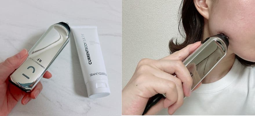 カレントボディRF美顔器を手に持ちフェイスラインに当てている様子