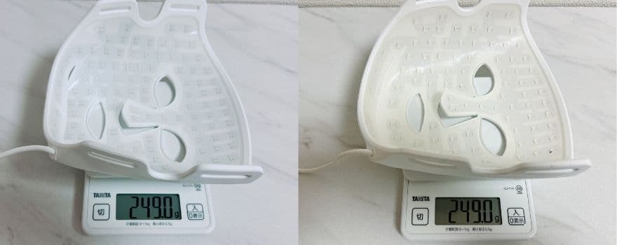 左：シリーズ3／右：シリーズ2のLEDマスク本体の重さ比較