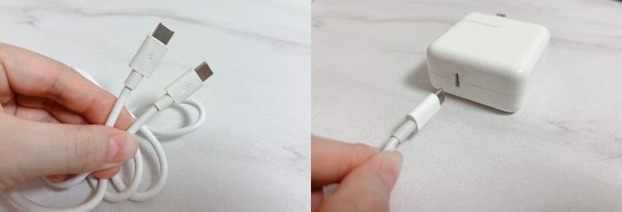 USB-Cケーブルとアダプターでコントローラーを充電する様子