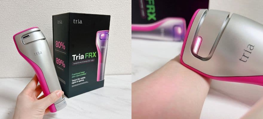 トリア美顔器FRXとうでにテスト照射している画像